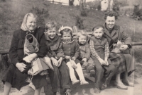 Left to right: grandmother Marie Majerová, brother Radim, cousin Marta, sister Ivona, Luděk Nemajer, mother; Velký Týnec, 1957