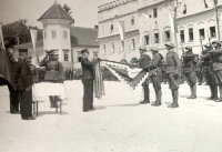 Josef Bartík senior at the handing over of the standard, Telč, undated