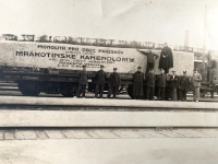 Transport of the Mrákotín Monolith (obelisk at Prague Castle) to Prague. Josef Bartík senior apparently standing on a wagon with his hand resting on the monolith, 1920s
