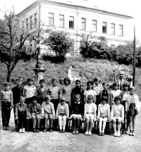 Jaroslav Strnad with his pupils, Elementary school Česká Rybná around 1973