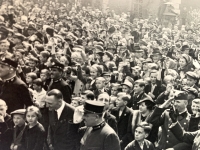 Celebration of 100 years of the railway Jihlava - Pelhřimov, Josef Bartík senior saluting in front, 26 May 1938