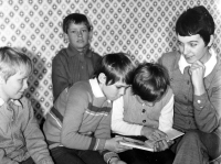Petr Strnadel, second from left, visiting friends, mid-1970s