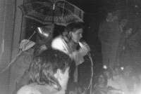 Petr Strnadel, centre, at a demonstration in Krnov, November 1989