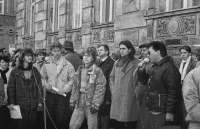 Petr Strnadel, above, third from right, with long hair at a demonstration in Krnov, November 1989