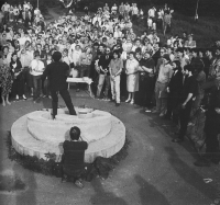 Petr Strnadel, third from the right, at the ceremony of veiling the concrete hammer and sickle, Krnov, May 1990