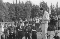 Petr Strnadel at the ceremony of veiling the concrete hammer and sickle, Krnov, May 1990