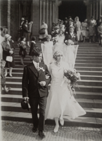 Parents' wedding photo in front of St. Ludmilla's Church in Prague, 1930