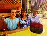  Kvido Sandroni, wife Hana and daughter Františka, celebration of 50th birthday of Kvido and Hana, cake baked by daughter, August 2020 Slatinice u Olomouce