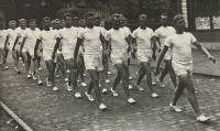 Rehearsal for Spartakiada, Jiří Junek in the front row, second from the left