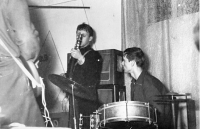 Karel Lang behind drums, 1964