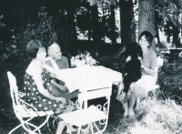 Václava Císařovská, left, grandmother, mother, in Okrouhlice in the garden, 1980s