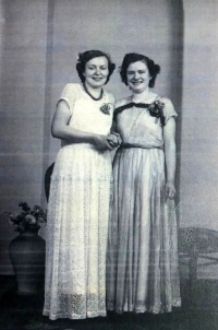 With her sister Frantiska at a ball, 1955