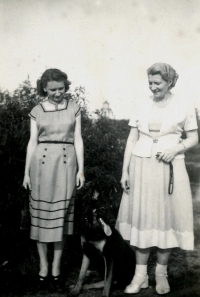 Mother (left) with sister Maria Dostálová and dog, early 1950s