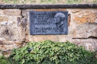 Memorial plaque for Dr. Josef Mühlberger in the cemetery in Bärenbach near Eislingen. Mühlberger has no grave and the urn with his ashes is embedded in the wall behind the memorial plaque.
