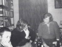 Meeting of the Auroboros opinion circle and guests in Martin Stejskal's studio at ul. Slavíkova, Prague 3, Michal Novotný, Prokop Voskovec Jr., (Martin Stejskal behind), Zdeněk Justoň