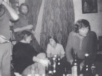 Meeting of the Auroboros opinion circle, behind Ludvík Fojtík (later known as a follower of C. G. Jung and astrologer Rudolf Starý), Prokop Voskovec, Zdena ?, Zdeněk Justoň