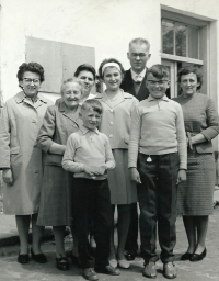 Extended family, left to right: mother's sister Anna Hormandlová, mother's mother Marie Smetánková, and father's sister Jarmila Rumlová, Opatov 1963