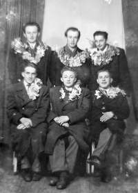 František Jiříček sitting in the middle during his conscription in 1952