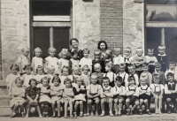 Kindergarten in Písek; Vlasta Pavlíková is 7th from the left in the 2nd row, 1938