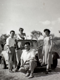 Trip to visit father Josef Mikšovský in prison in Valdice: Josef Pavlíček (front); his wife Marie (witness's cousin, right); Vlasta Pavlíčková (top); her cousin Karel (Marie's brother; left)