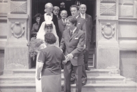 Second from left: mother-in-law Štěpánka Bažantová, wedding witness Vlasta Hlotanová, brother Milan Drahoš, father-in-law Josef Bažant, witness Jan Fryc, father Rudolf Drahoš, in front wife Věra and Ladislav Drahoš, Pardubice 1970