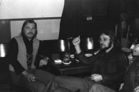 A pub in Břehy near Přelouč. Cára (left) and a random drinker, 1977