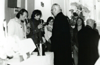 Velké Meziříčí, 1980; Svatopluk Karásek, Miroslav Erdinger, Vlasta Erdingerová, Václav Hurt, synod elder Václav Kejř (facing away)