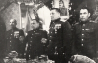 Leonid Brezhnev (right) with the command of the 18th Army of Colonel-General A. J. Gastilovich celebrating the end of World War II in the mirror lounge of the Lichtág Hotel (now the Pivovar Hotel), Polička, 12 May 1945