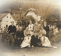 Grandfather Václav's family, left to right: son František, the witness's father, grandfather, and grandmother; middle row: daughter Julie and son Václav; bottom row: son Karel and the daughters of Vojta Beneš the brother of President Edvard Beneš, early 1930s
