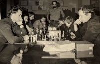 Chess tournament against the Transgas selection; the witness is at front right, sons Petr and Pavel in the back right. They won the match. 1984