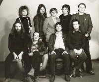 Abraxas band (Bohuslav Janda, Ivan Pelíšek in the front row from the right, Miroslav Imrich in the second row from the right) with technical staff, early 1980s