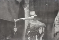 Scout axe driven into a stump during Ludmila and Miloslav Müllers' wedding, 1971