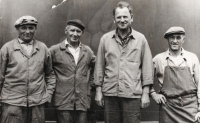 Father František Kleibel standing second from the left among his co-workers from the Vávrovice sugar factory, 1960s