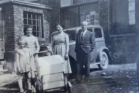 The Grulich family - father Vincenc, mother Marie, sisters Libuše and Květoslava, Malé Hradisko in front of No. 31, c. 1946