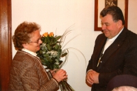Dominik Duka says goodbye to Maria Strnadova on her retirement, Hradec Králové, 1990s