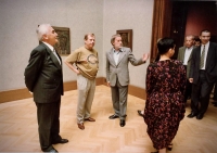 Exhibition at the Rudolfinum, left to right: curator Antonín Hartmann, Václav Havel, Zbyšek Sion, Prague, 1996