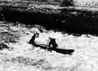 Josef Šedivec's double canoe during a race in 1964
