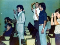 Josef Šedivec wearing a white shirt during the naturalization ceremony in which he became a U.S. citizen in 1975