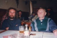 Karel Novotný and Bohumil Hrabal in a pub in Přelouč in 1996