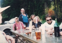 Velocipedist Club of Přelouč on a trip in 1993; from left B. Baštecký, L. Totušek, K. Novotný, J. Mazalová, T. Mazal
