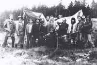 Witness (fourth from the left) with summer job workers during tree planting with the Czechoslovak flag, Pernink, 28 October 1989