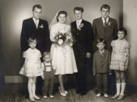 Wedding 1962, from top left: husband's brother Jan, newlyweds, Jaroslava's brother Josef, Jan's children Helena and Ivo and on the right brother's children Josef and Jindřiška