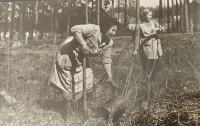 Anna Vařeková (on the photo on the right) on a summer job in the forest, Loštice, 1950s
