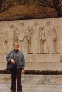 In front of the Reformation Wall in Geneva, 1990