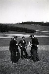 Photograph taken on May 17, 1941. Grammar school flying airplane models. From left to right: Jan Hendrych, Jaroslav Petr, Vladimír Kopřiva and Vladimír Kučera, who later became the senior of the Evangelical Church of Czech Brethren