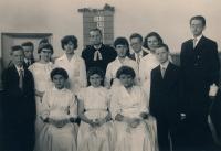 Confirmation in evangelical Church in Mšeno (J. Kozlík the second from right)-1960