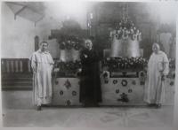 Bells Consecration in the Church of Our Lady of Rosary, Pilsen, 26th June, 1932, Josef Limpouch in the middle,  P. Štěpán, dean Sajd on the right