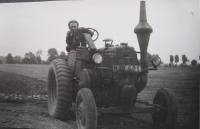 Zbyněk Bezděk on a Lanz Buldok tractor that originally ran on wood gas - around 1946, Rovensko