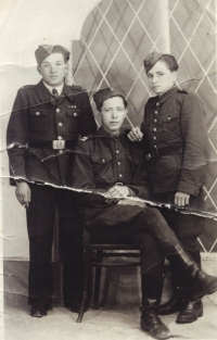 Jaroslav with friends from war by photograph in Pohořelice - after arriving to new place of residence (from left: Josef Hejral, Jaroslav Sitar, Josef Šimek)