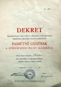 dekret k udělení Pamětní odznak 8.střeleckého pluku Slezského